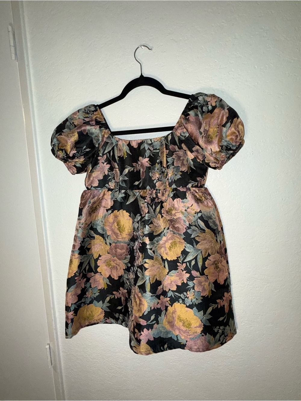 Girls Black Floral Puff-Sleeve Party Dress - Pink & Gold Blooms